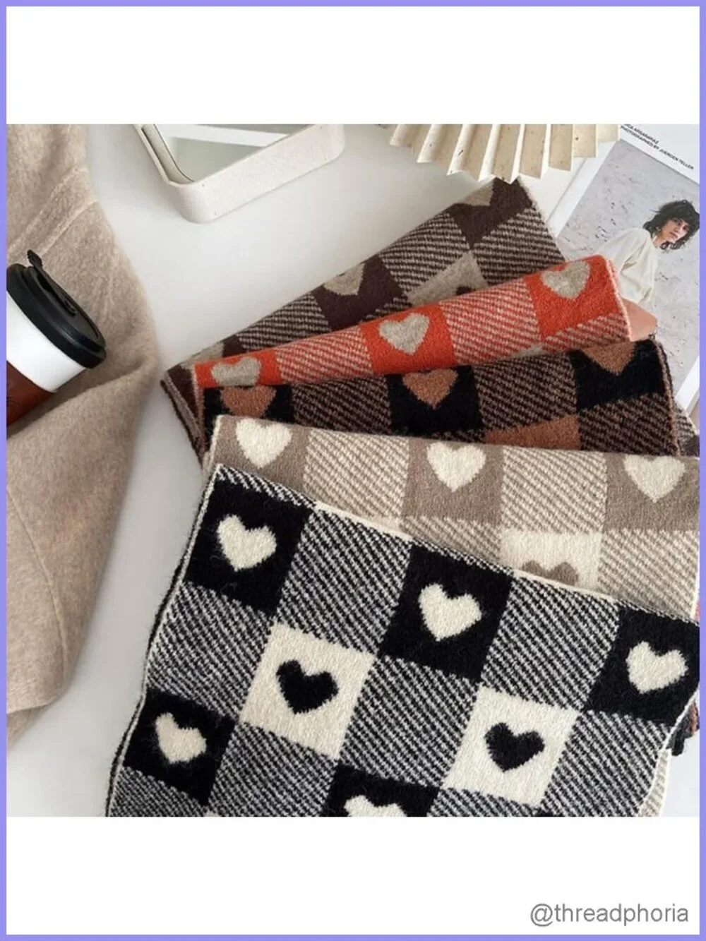 Vintage Cute Heart Plaid Scarf Cashmere Feel Warm Winter Scarf Shawl